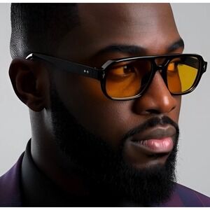 Mens Black Frame Square Lens Yellow Tint Aviator Sunglasses Outdoor UV400 Lentes